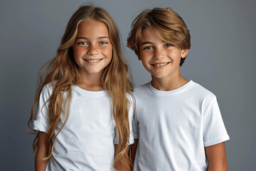 Happy smiling boy and girl in white t-shirts, standing together, posing in studio, gray background, design t-shirt template, mock-up, children's apparel photo shoot