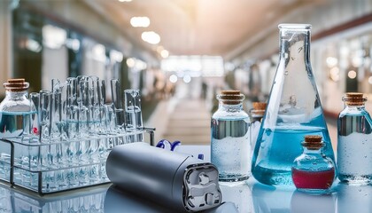 Blue liquid in a clear bottle for research in a laboratory