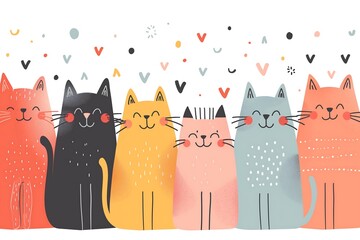 An illustration design featuring a group of cute colorful cats on a white background. The minimalist style and free space give the image a clean and modern look, making it ideal for greeting cards.