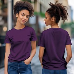 Wall Mural - A woman wearing a purple t - shirt and jeans.