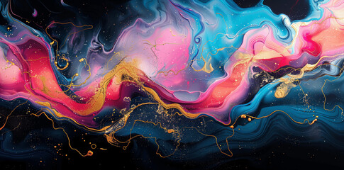 Wall Mural - Abstract Fluid Art with Liquid Gold Swirls, Pink and Blue Waves on Black. Modern Luxury Painting for Print, Canvas or Poster