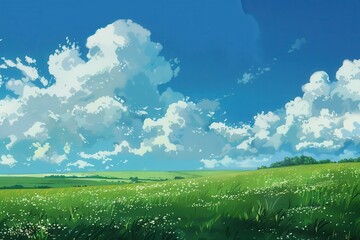 Grass Field landscape with blue sky and white cloud. Blue sky clouds sunny day wallpaper. Cartoon illustration of a Grass Field with blue sky in Summer. green field in a day.