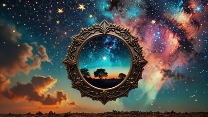 Poster - Ornate Mirror Reflecting Starry Sky.