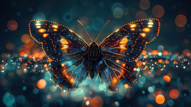 Modern illustration of abstract symmetrical butterfly wings with isolated dots and lines on black background,