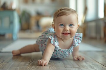 A baby is crawling on the floor and smiling. The baby is wearing a floral dress. Scene is happy and playful