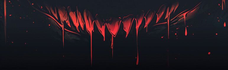 Wall Mural - minimalist background featuring abstract vampire fangs with drops of blood in red, using clean lines and a dark background to capture the spooky essence of Halloween