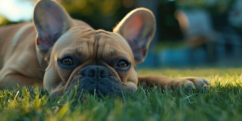 Wall Mural - A brown dog is laying on the grass with its head down. The dog appears to be relaxed and content