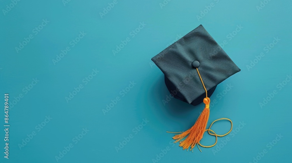 A graduation cap with a gold tassel is on a blue background. The cap is ...