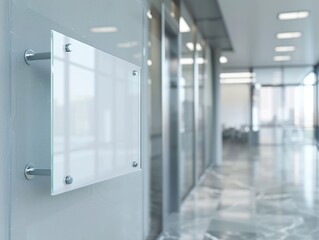 Poster - A white sign is hanging on a wall in a large, empty room. The sign is made of clear glass and has a simple design. The room is mostly empty, with only a few chairs and a couch visible