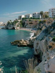 Sticker - A beautiful beach with a rocky cliff in the background. The water is calm and the sky is clear