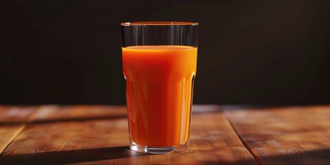 Canvas Print - A glass of orange juice is sitting on a wooden table. The glass is half full and the juice is a bright orange color. The table is made of wood and the light is shining on it, creating a warm
