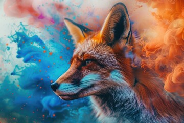 Wall Mural - A fox is shown with a blue background and orange smoke. The fox is looking at the camera with a smile on its face. The image has a playful and whimsical mood, with the combination of the fox