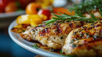 A plate of chicken with herbs and vegetables. The chicken is cooked and has a nice presentation. The vegetables are colorful and fresh, adding to the overall appeal of the dish