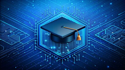 AI education or machine learning background. Abstract digital tech bg. AI chip and graduate hat in blue with light neon effects. Artificial Intelligence concept. Low poly wireframe illustration