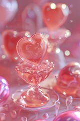 Wall Mural - A heart is sitting on top of a glass cup. The cup is pink and has a heart shape. The heart is surrounded by other pink objects, creating a romantic and playful atmosphere