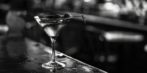 Wall Mural - A martini glass with a olive on top sits on a bar counter. The image has a mood of sophistication and elegance, as the martini glass is a classic symbol of a refined drink