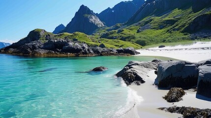 Poster - A beautiful beach with a rocky shoreline and a clear blue ocean. The beach is surrounded by mountains, creating a picturesque and serene landscape. The water is calm and inviting