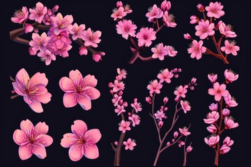 Wall Mural - A collection of pink flowers with a black background. The flowers are arranged in various sizes and positions, creating a sense of depth and dimension