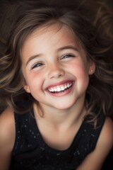 Wall Mural - A young girl is smiling and has her teeth showing. She is wearing a black dress and is laying on her back