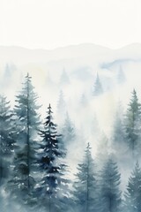 Wall Mural - A painting of a forest with trees and mountains in the background. The trees are tall and green, and the sky is cloudy. The painting evokes a sense of calm and serenity