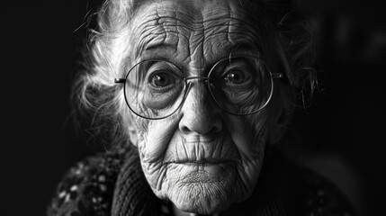 Wall Mural - A woman with glasses and wrinkles on her face. She is looking at the camera. The image has a mood of loneliness and sadness