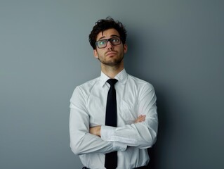 Wall Mural - A man in a white shirt and black tie is looking at the camera with a serious expression. He is wearing glasses and has his arms crossed. Concept of professionalism and focus