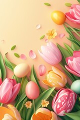 Poster - A colorful bouquet of flowers with a yellow flower in the center. The flowers are arranged in a way that they look like they are blooming. The background is a light yellow color