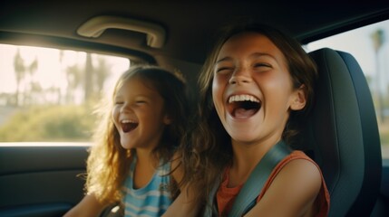 Wall Mural - Two young girls are laughing and smiling in a car. Scene is happy and joyful