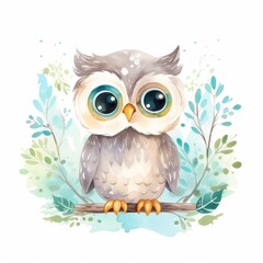 Adorable watercolor illustration of a cute owl with big eyes perched on a branch with foliage, perfect for kids and nature-themed designs.