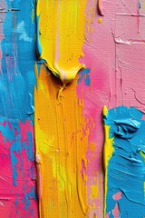 Wall Mural - A painting with a yellow stripe and pink and blue splatters. The painting is abstract and has a lot of texture