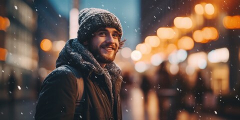 Wall Mural - A man wearing a black coat and a hat is smiling in the snow. The image has a warm and cozy feeling, as the man is enjoying the winter weather