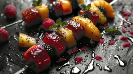Wall Mural - A plate of fruit skewers with strawberries, blackberries, and pineapple. The skewers are arranged on a black table with a black background