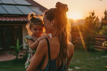 Wall Mural - A woman is holding a child in her arms. The sun is setting in the background, casting a warm glow over the scene. Scene is peaceful and loving, as the mother