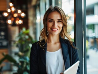 Wall Mural - A woman in a business suit is smiling and holding a tablet. Concept of professionalism and confidence, as the woman is dressed in a suit and is holding a tablet, which could be a work-related device