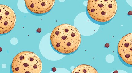 Wall Mural - A blue background with a pattern of chocolate chip cookies. The cookies are drawn in a cartoon style and are scattered throughout the background