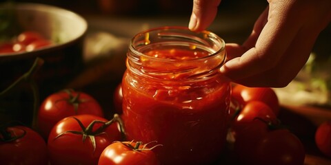 A person is reaching into a jar of red sauce