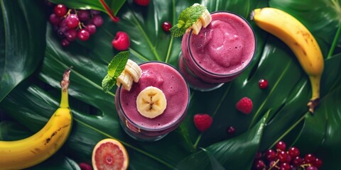 Wall Mural - Two glasses of pink smoothies with bananas and raspberries on top