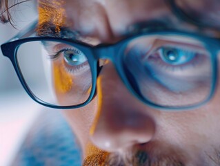 Wall Mural - A man with glasses is looking at a computer screen. Concept of focus and concentration as the man stares intently at the screen. The blue tint of the glasses