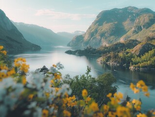 Sticker - A beautiful mountain lake with a boat on it. The lake is surrounded by trees and flowers, creating a serene and peaceful atmosphere