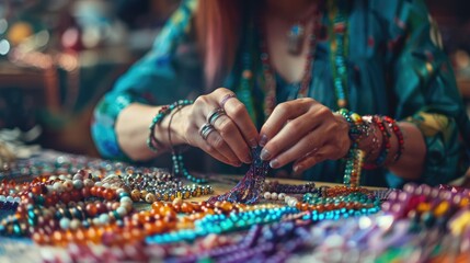 A woman is sitting at a table with many different colored necklaces. She is carefully examining each one, possibly deciding which ones to sell or keep