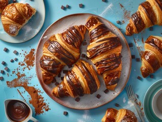 Wall Mural - A plate of chocolate covered croissants sits on a blue table. The croissants are arranged in a circle and are topped with chocolate
