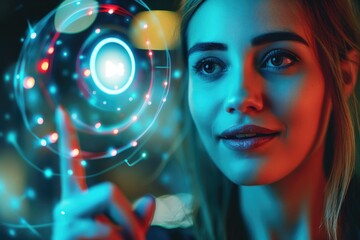 Wall Mural - A woman is pointing at a glowing circle on a screen. The circle is surrounded by a lot of other circles, and the woman is looking at it intently. Concept of curiosity and wonder