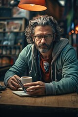 Wall Mural - A man with glasses and a beard is sitting at a table with a cup of coffee and a cell phone. He is focused on his phone, possibly checking messages or browsing the internet