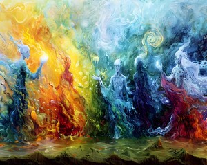 Elemental Ethereal Beings in a Surreal Dreamscape Landscape of Vibrant Impressionistic Color