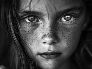 Wall Mural - A young girl with a lot of freckles on her face. She has a serious look on her face