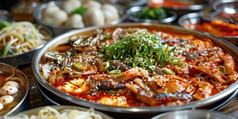Poster - A large plate of food with many different dishes on it. The food is Asian and has a lot of different ingredients