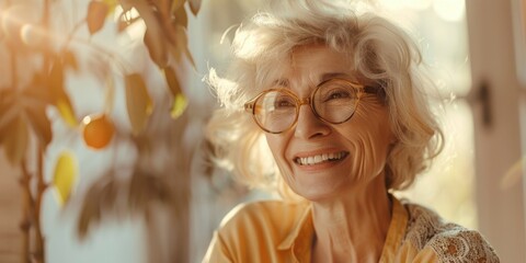 Wall Mural - A woman with glasses is smiling and looking at the camera. She is wearing a yellow shirt and a scarf