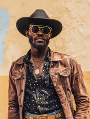 Wall Mural - A man wearing a brown jacket and a black hat with sunglasses on. He is wearing a gold necklace and a gold chain around his neck