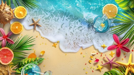 Poster - A beach scene with a drink and fruit on a table. The drink is a blue cocktail with a star in it. The fruit includes oranges and a grapefruit. The scene is colorful and inviting, with a tropical vibe