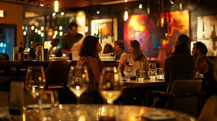 Wall Mural - An upscale bar with granite tables seen from the side, modern art on the walls, and a sophisticated crowd enjoying fine wines and cocktails.